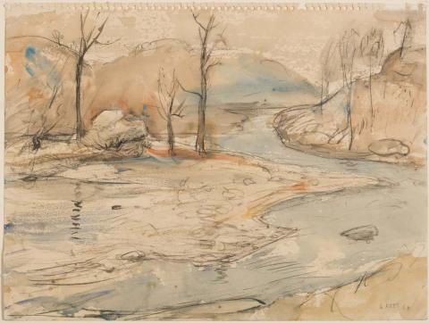 Artwork Study for 'Upper Hastings River, NSW' this artwork made of Carbon pencil and watercolour wash on wove paper, created in 1963-01-01