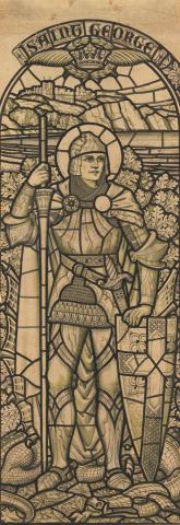 Artwork Cartoon sketch of Saint George for memorial window, Holy Trinity Church, Wooloongabba this artwork made of Watercolour over pencil on thick wove paper, created in 1961-01-01