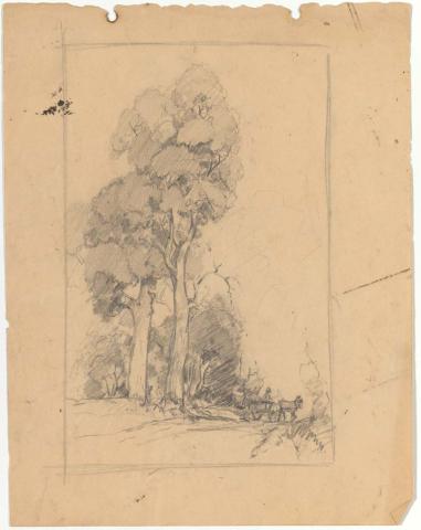 Artwork (Landscape with trees and man with cart and horse) this artwork made of Pencil on cream brown wove paper
on cream brown wove paper