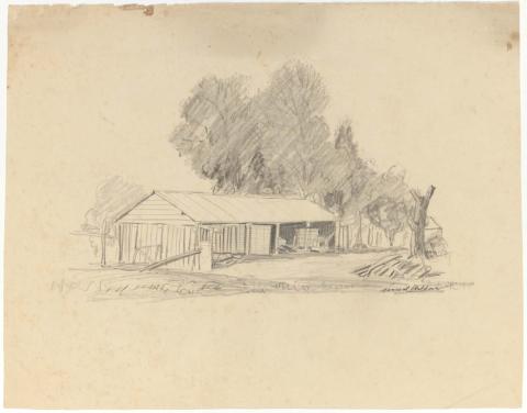 Artwork (Shed with timber pile in foreground) this artwork made of Pencil on cream wove paper
on cream wove paper