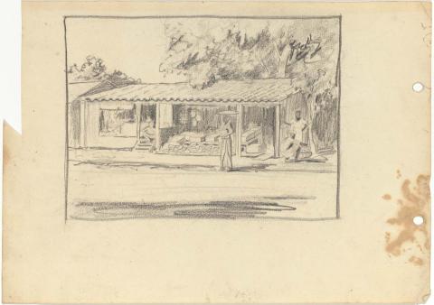 Artwork (Tropical landscape with figures and fruit stall) this artwork made of Pencil on cream wove paper
on cream wove paper