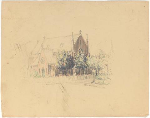 Artwork (Church with trees in foreground) this artwork made of Coloured pencils on thick cream brown wove paper