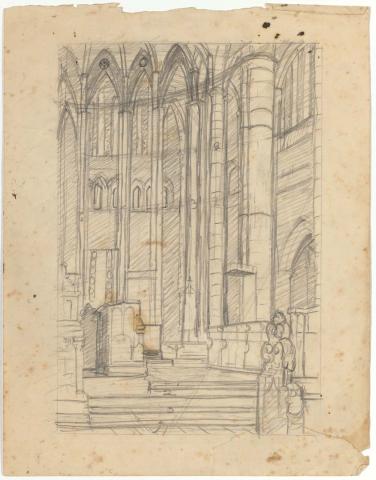 Artwork (Interior of St John's Cathedral, Brisbane, side view of altar) this artwork made of Pencil on cream wove paper
on cream wove paper