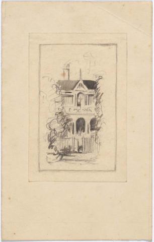 Artwork (House framed by trees) this artwork made of Brush and ink, pencil on buff wove paper
