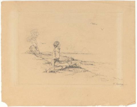 Artwork (Girl sitting on a verge overlooking a beach) this artwork made of Pencil on buff wove paper
on buff wove paper, created in 1942-01-01