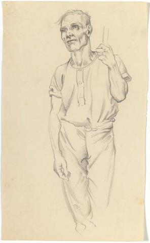 Artwork (Figure of a man in work clothes) this artwork made of Pencil
