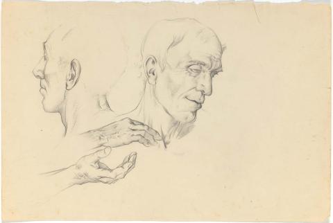 Artwork Study of a head and hands this artwork made of Pencil on cream wove paper