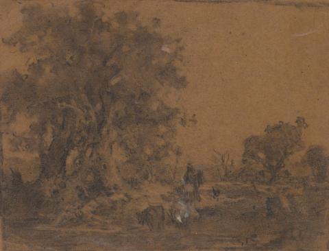 Artwork Landscape with cows this artwork made of Charcoal on brown wove paper