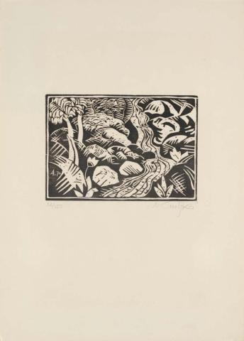 Artwork Landschaft (no. 9 from 'Wassermann Mappe') (Landscape (no. 9 from 'Water-carrier portfolio')) this artwork made of Woodcut on paper, created in 1915-01-01