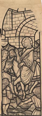 Artwork Sketch for stained glass window (Palm Sunday procession, Christ's triumphal entry into Jerusalem) this artwork made of Pencil and watercolour on paper