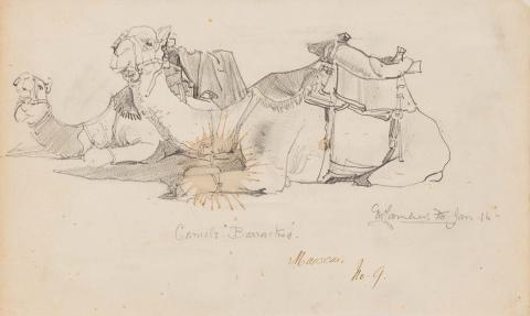 Artwork Camels' barracked, Maascar: No. 9 this artwork made of Pencil on wove paper, created in 1918-01-01