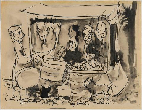 Artwork Egg stall, Pimlico this artwork made of Pen and ink and wash on paper, created in 1952-01-01