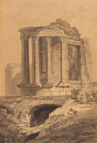 Artwork (The Temple of the Sibyl, Tivoli) this artwork made of Grey and brown watercolour washes over pencil on laid paper, created in 1794-01-01