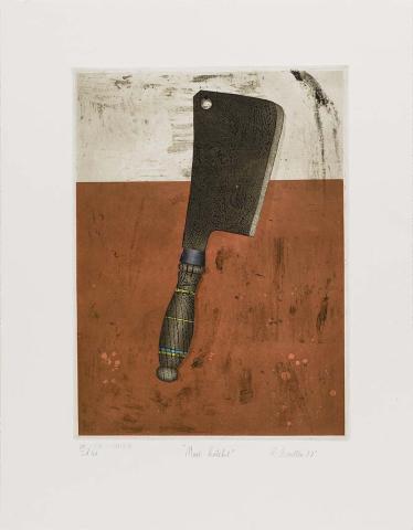 Artwork Meat hatchet (from 'Blade' series) this artwork made of Colour etching, soft ground etching, aquatint, chine appliqué, hand-coloured
