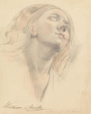 Artwork Study of a woman's head for 'Black Thursday, 6th February, 1851' this artwork made of Pencil and watercolour wash on smooth wove paper, created in 1861-01-01