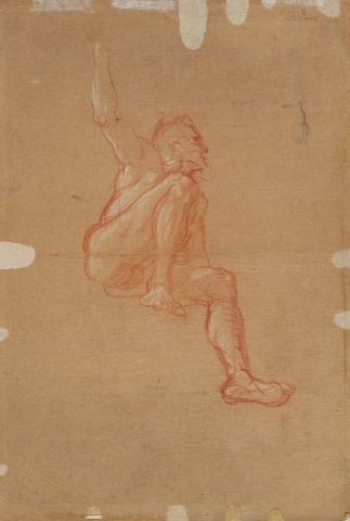 Artwork Untitled (Study of a male nude seated, viewed from below) this artwork made of Chalk and pencil on buff paper