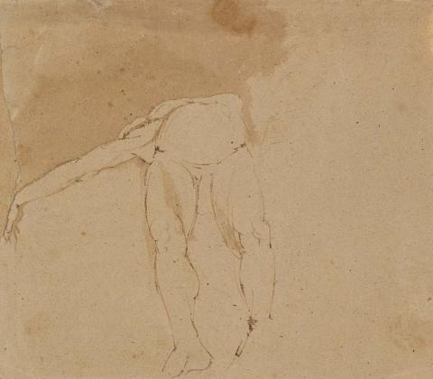 Artwork Untitled (nude leaning backward) this artwork made of Pen and brown ink, ink wash on light brown laid handmade paper
