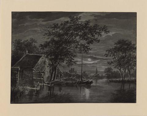 Artwork A river landscape with a moored boat by moonlight this artwork made of Brush and grey ink wash heightened with opaque white on blue laid paper