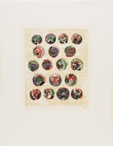 Artwork Pallas heads this artwork made of Colour lithograph on cream wove paper, created in 1973-01-01