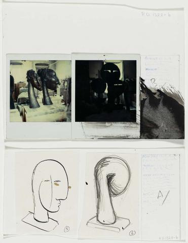 Artwork Studies for sculpture (heads) and two polaroid photographs of Elenberg's sculpture studio this artwork made of Pen and ink and pencil