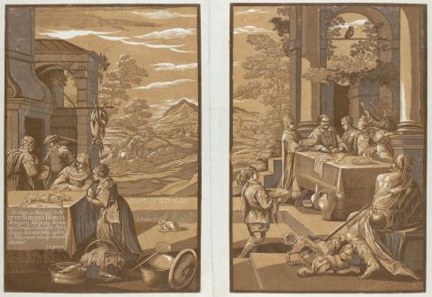 Artwork Dives and Lazarus this artwork made of Chiaroscuro woodcut on laid handmade paper, created in 1733-01-01
