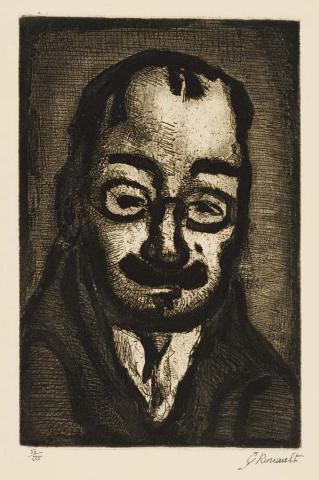 Artwork Homme a la moustache et aux lunettes (Man with a moustache and spectacles) this artwork made of Etching, aquatint, sugar-lift aquatint over heliogravure plate on laid handmade paper, created in 1928-01-01