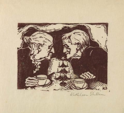 Artwork Untitled (the old couple at Christmas) this artwork made of Linocut on wove Oriental paper