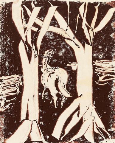 Artwork (Trees and horse) this artwork made of Monotype on paper, created in 1960-01-01
