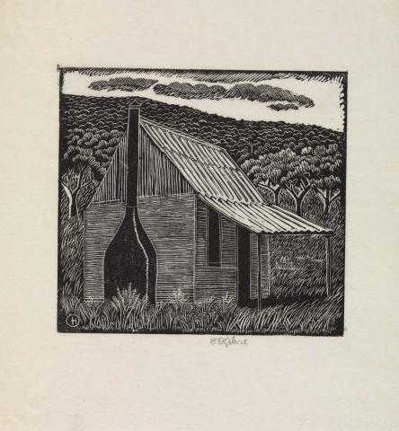 Artwork Cottage with iron chimney this artwork made of Wood engraving on wove Oriental paper, created in 1963-01-01