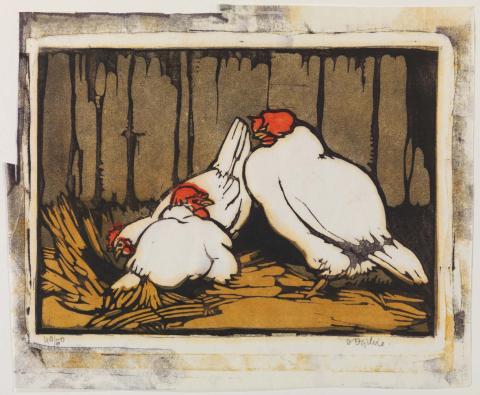 Artwork Chooks in the straw this artwork made of Colour linocut on thin wove Oriental paper, created in 1927-01-01