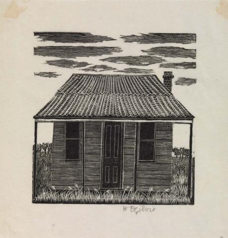 Artwork Weather-board cottage this artwork made of Wood engraving on wove Oriental paper, created in 1963-01-01