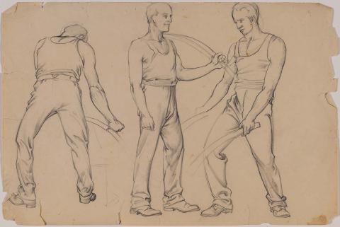 Artwork (Studies of a man ploughing, shouldering a long scythe and scything) this artwork made of Pencil on paper, created in 1927-01-01