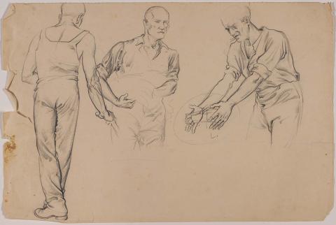 Artwork (Studies of a man carrying a sheaf of grain, a man carrying a chook and a man holding a hose) this artwork made of Pencil