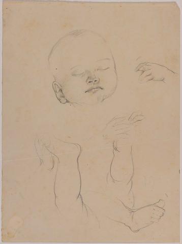 Artwork (Studies of a baby's head, hands and legs) this artwork made of Pencil