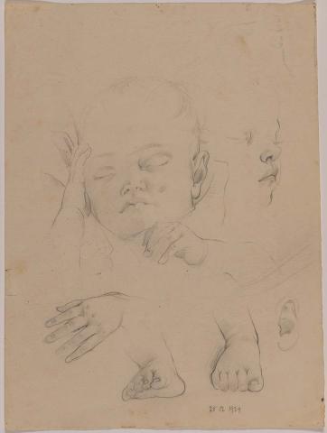 Artwork (Studies of a baby's head, hands and feet) this artwork made of Pencil on paper, created in 1939-01-01