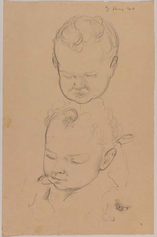 Artwork (Studies of a baby asleep (one with a spoon in the baby's mouth), a baby's eye and nose) this artwork made of Pencil