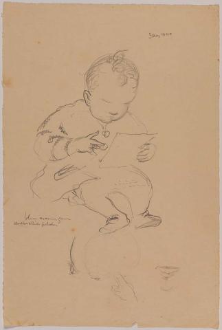 Artwork (Studies of a baby looking at a piece of paper and a baby's eyes and mouth) this artwork made of Pencil