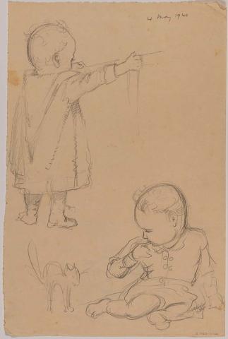 Artwork (Two studies of a baby standing and seated looking at a cat) this artwork made of Pencil on paper, created in 1940-01-01