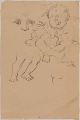Artwork (Studies of a baby looking into a bottle, and a baby's legs and eyes) this artwork made of Pencil on paper, created in 1940-01-01