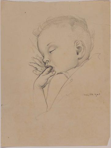Artwork (Study of a baby sleeping with her finger in her mouth) this artwork made of Pencil