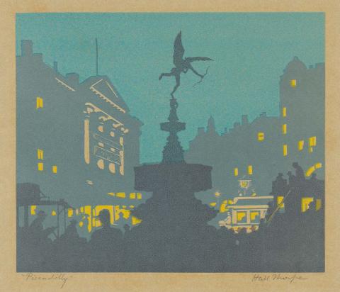 Artwork Piccadilly (small version) this artwork made of Colour woodcut on grey wove paper, created in 1917-01-01