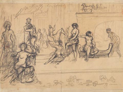 Artwork Untitled (figures in a room) this artwork made of Pencil on buff laid paper, created in 1900-01-01