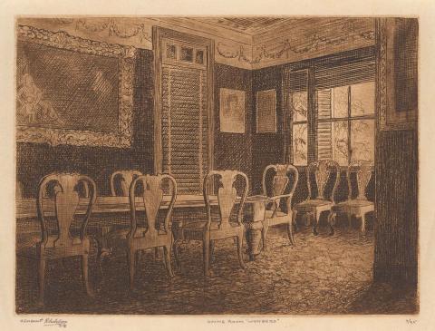 Artwork Dining room, 'Wynberg' (from 'Wynberg set') this artwork made of Etching on thin, cream, laid paper, created in 1928-01-01