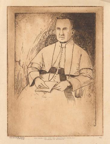 Artwork His Grace Archbishop Duhig (from 'Wynberg set') this artwork made of Etching on thin, cream, laid paper, created in 1928-01-01
