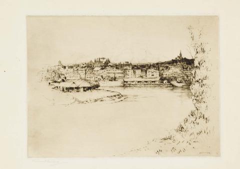 Artwork From Bowen Terrace, before the Story Bridge this artwork made of Drypoint on cream, handmade, wove paper, created in 1932-01-01