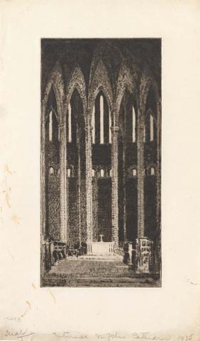 Artwork Interior, St John's Cathedral this artwork made of Drypoint on off-white wove paper, created in 1935-01-01