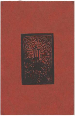 Artwork Calvary this artwork made of Linocut on smooth, red-brown, wove card, created in 1932-01-01