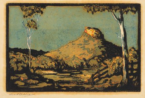 Artwork Mount Lindsay this artwork made of Colour linocut on thin cream wove paper, created in 1933-01-01
