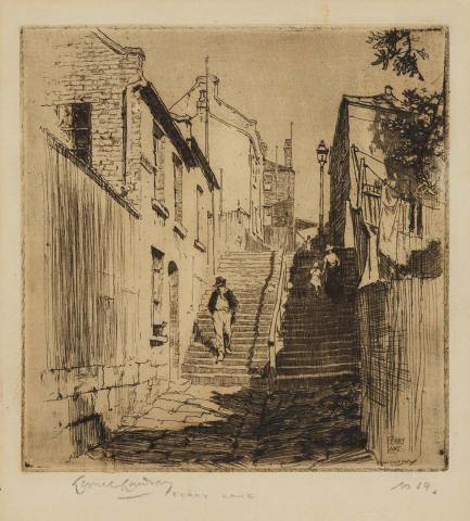 Artwork Ferry Lane, The Rocks, Sydney, demolished this artwork made of Etching and drypoint on laid handmade paper, created in 1918-01-01