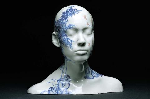 Artwork China China - Bust no.3 this artwork made of Porcelain, cast from figure, with handpainted cobalt underglaze, reduction fired red copper glaze and clear glaze